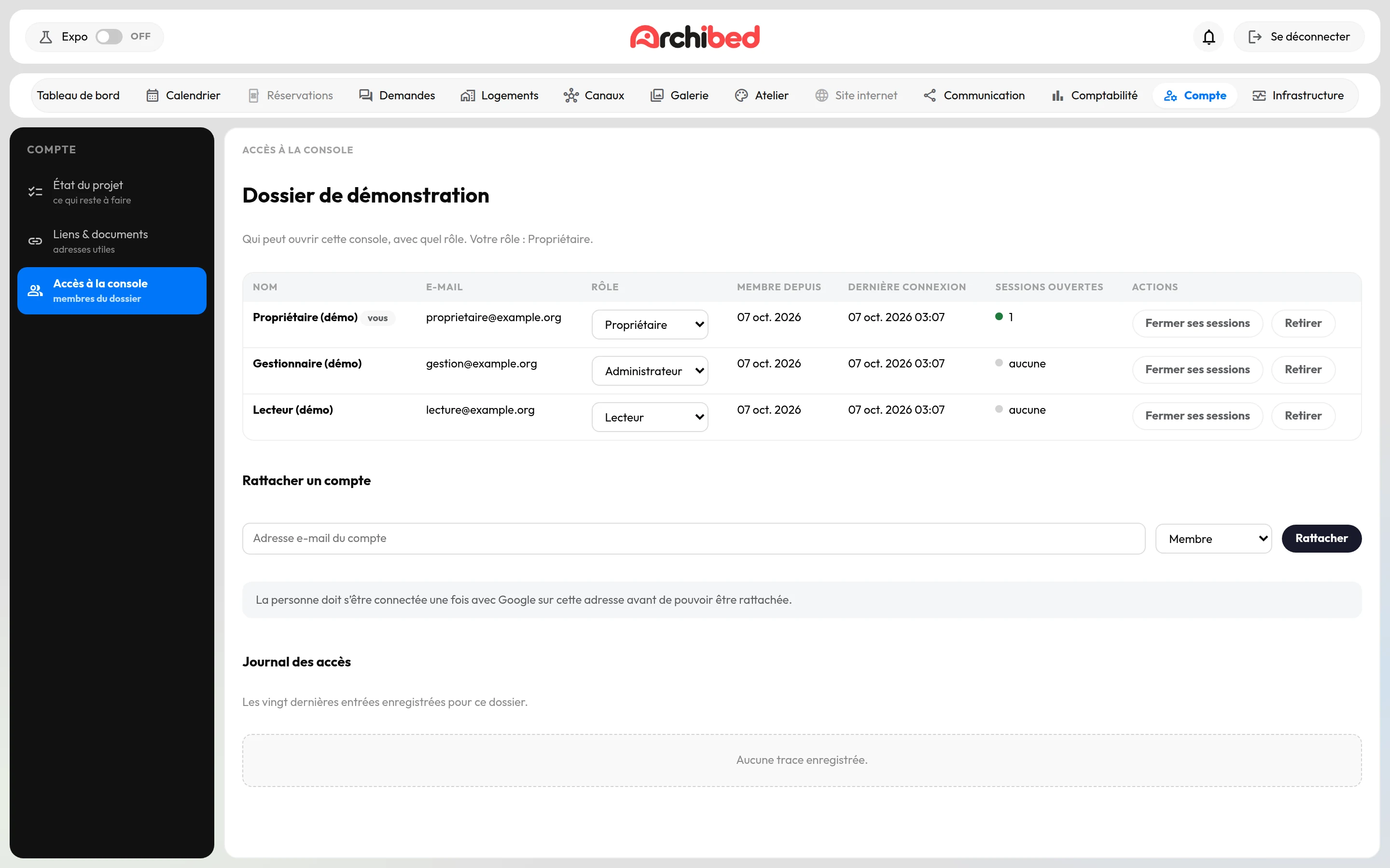 Écran Compte et accès de la console — console ArchiBed, dossier de démonstration